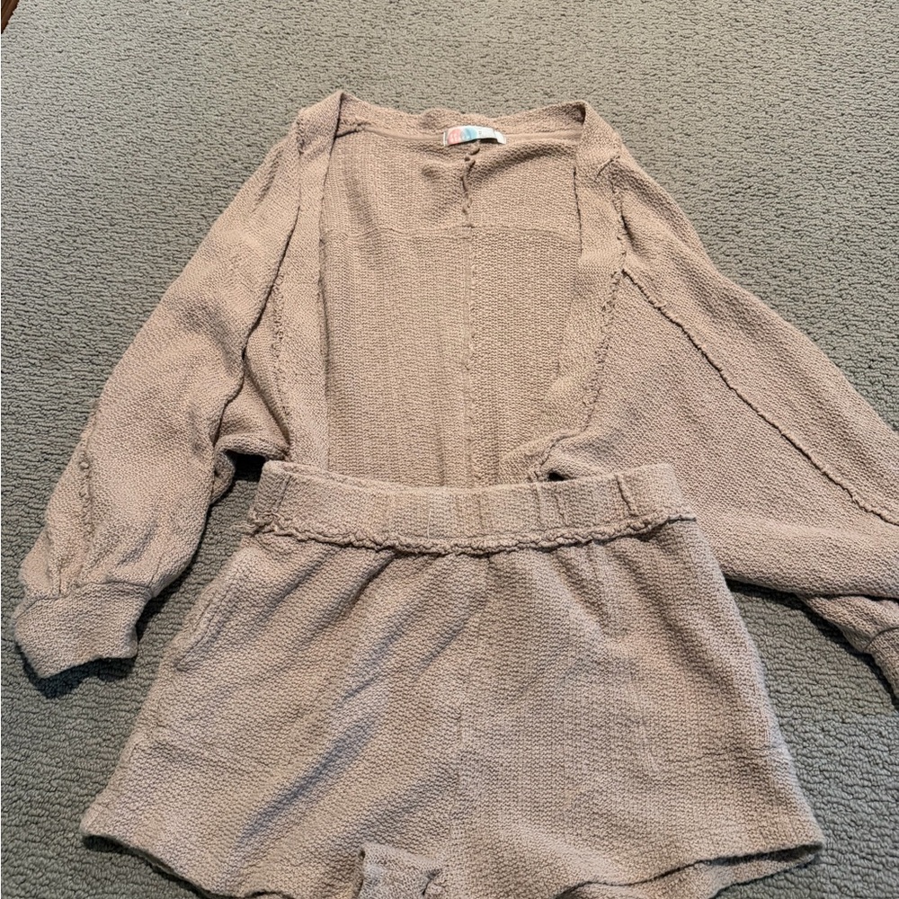 Free People Cozy Knit Taupe Lounge Set - Cardigan & Shorts set
